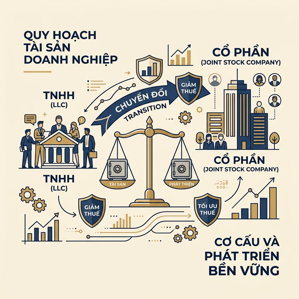 Sơ đồ chuyển đổi từ Công ty TNHH sang Công ty Cổ phần giúp tối ưu thuế chuyển nhượng vốn từ 20% lợi nhuận xuống 0.1% doanh thu giao dịch
