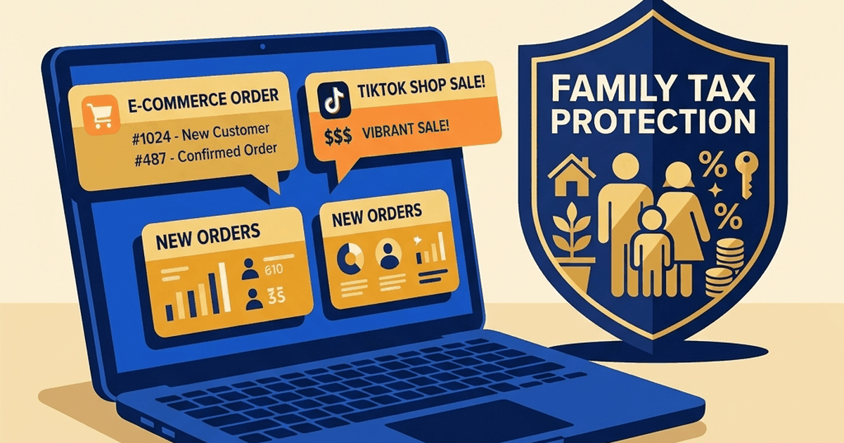 Hình ảnh chiếc máy tính xách tay hiển thị các đơn hàng e-commerce và TikTok Shop rực rỡ sắc màu, bên cạnh là biểu tượng chiếc khiên lá chắn thuế gia đình vững chắc đại diện cho giải pháp tối ưu thuế e-commerce