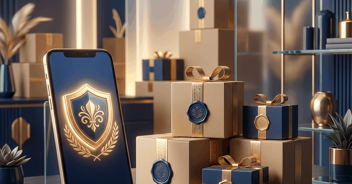 Minh họa góc làm việc người bán hàng e-commerce Shopee và TikTok Shop với các kiện hàng xếp gọn gàng bên cạnh biểu tượng khiên bảo vệ tài chính mạ vàng