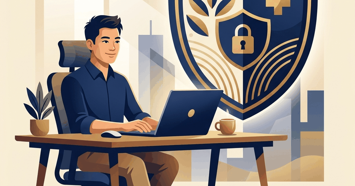 Hình ảnh minh họa một freelancer Việt Nam ngồi làm việc thảnh thơi tại bàn làm việc với thẻ BHYT và biểu tượng lá chắn bảo vệ an sinh xã hội vững chắc