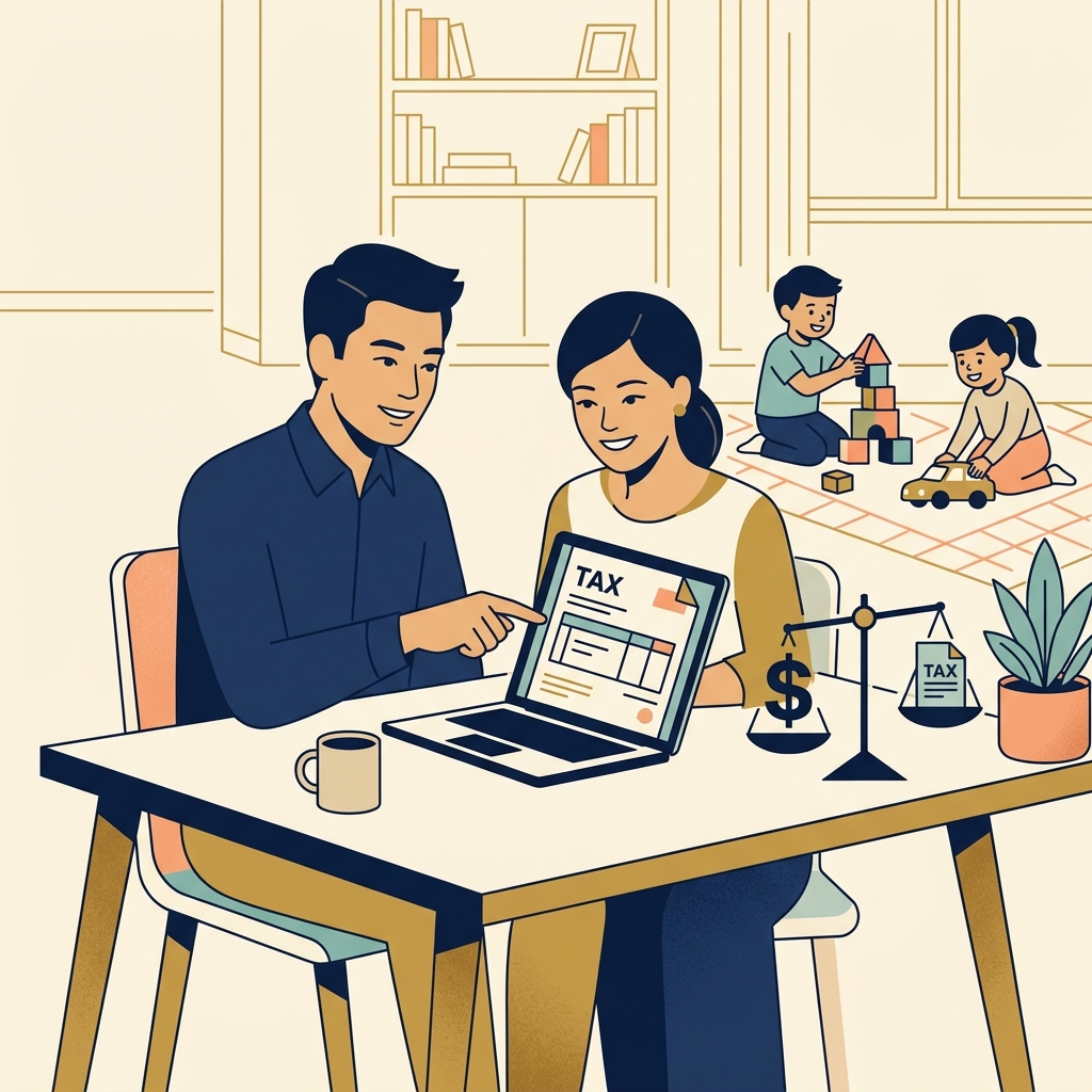 Hình ảnh minh họa một cặp vợ chồng ngồi bàn luận tối ưu hóa thuế gia đình cùng hai con nhỏ đang chơi đùa xung quanh