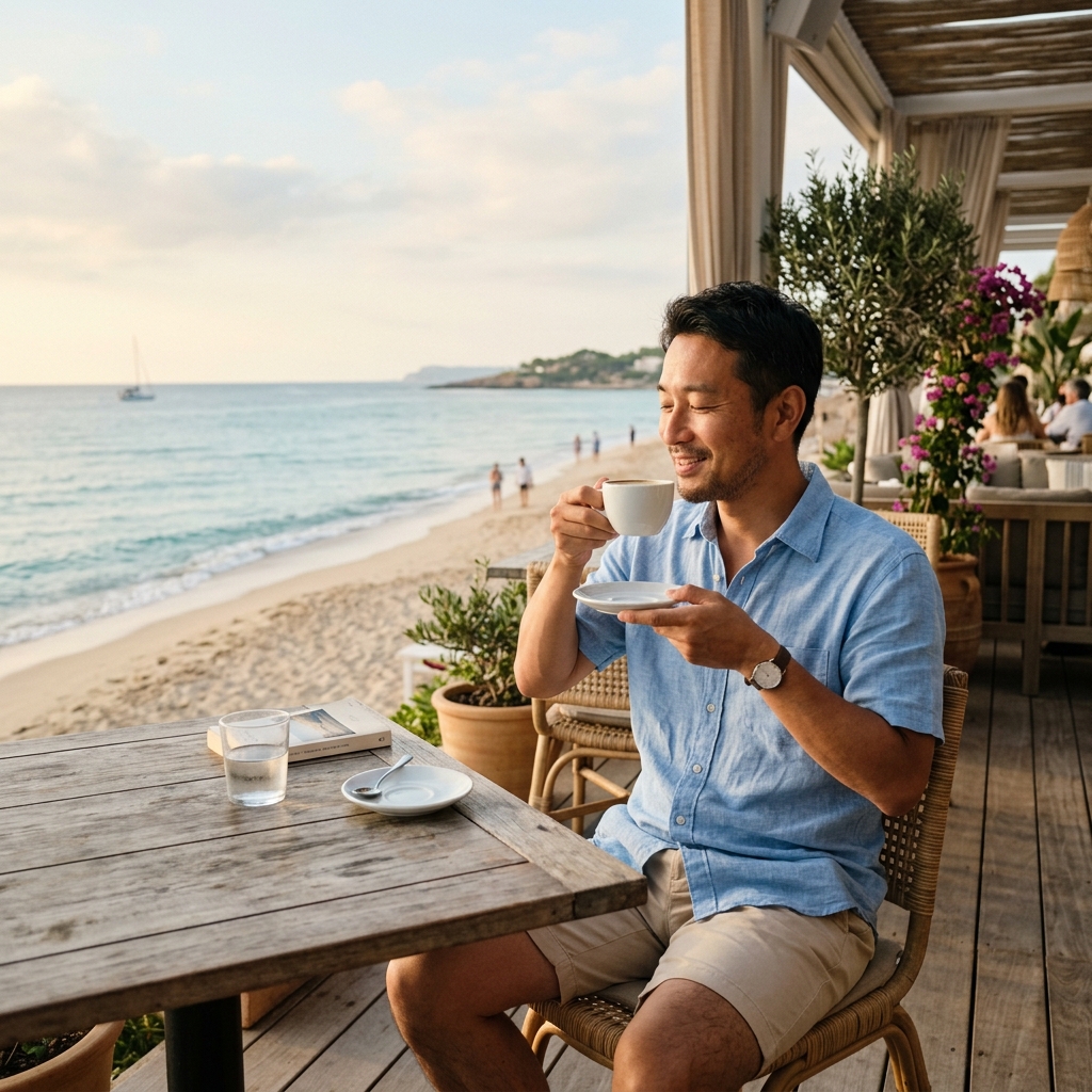 Người trẻ 40 tuổi thảnh thơi nhâm nhi cà phê sáng bên bãi biển yên bình, không còn áp lực công sở