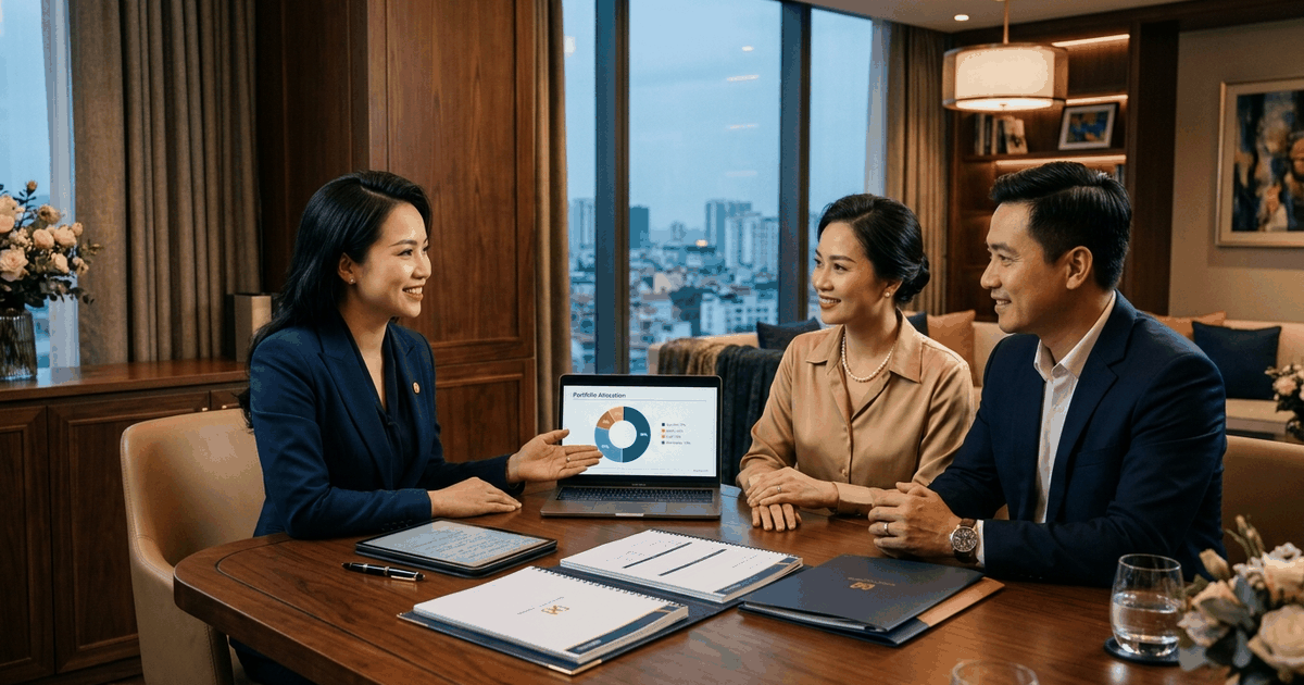 Không gian tư vấn hoạch định gia sản toàn diện Wealth Master FIDT giữa cố vấn và khách hàng