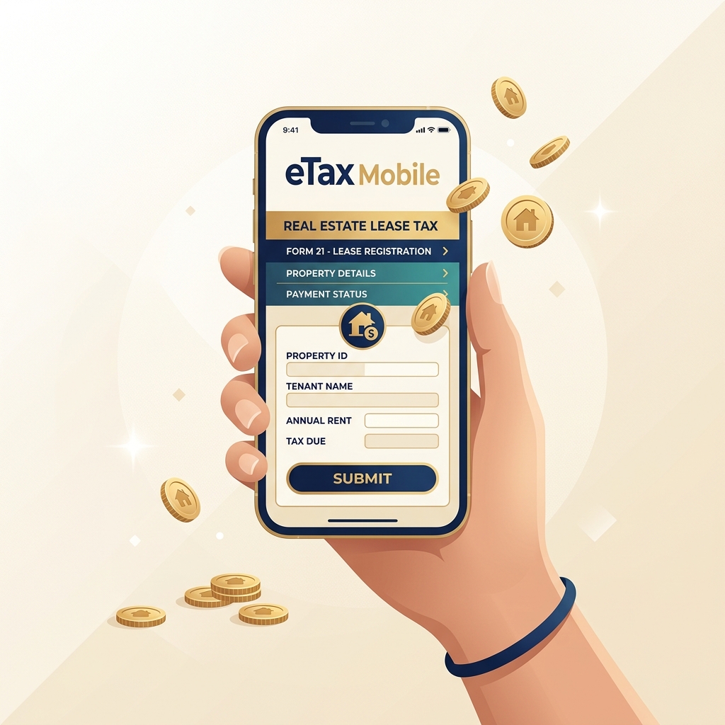 Giao diện ứng dụng eTax Mobile hiển thị tờ khai thuế Mẫu 01/BĐS mạ vàng gold tinh tế bên cạnh ngôi nhà thông minh - Nguyễn Ngọc Ưng