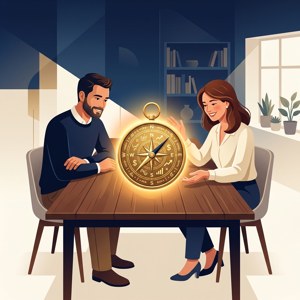 Cặp vợ chồng ngồi thảo luận bên chiếc bàn gỗ lớn, phía trên bàn là một chiếc la bàn tài chính cổ kính màu gold tỏa ánh sáng nhẹ ôn hòa gỡ bỏ các mâu thuẫn - Nguyễn Ngọc Ưng