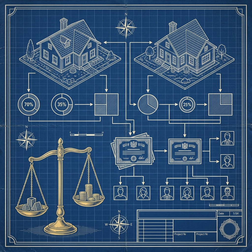 Bản vẽ thiết kế blueprint mô tả quy trình phân chia di sản thừa kế gia đình Việt Nam 2026 - Nguyễn Ngọc Ưng