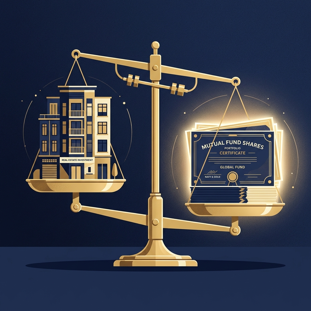 Một chiếc cân tiểu ly màu gold, một bên cân đặt mô hình tòa nhà chung cư hiện đại, bên kia là một tệp chứng chỉ quỹ phát sáng màu navy-gold - Nguyễn Ngọc Ưng