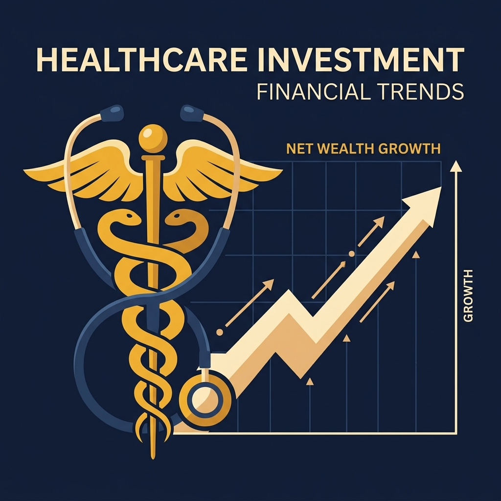 Hình ảnh ống nghe y khoa quấn quanh biểu tượng caduceus truyền thống được mạ vàng gold tinh tế, đặt cạnh biểu đồ tăng trưởng tài sản ròng - Nguyễn Ngọc Ưng