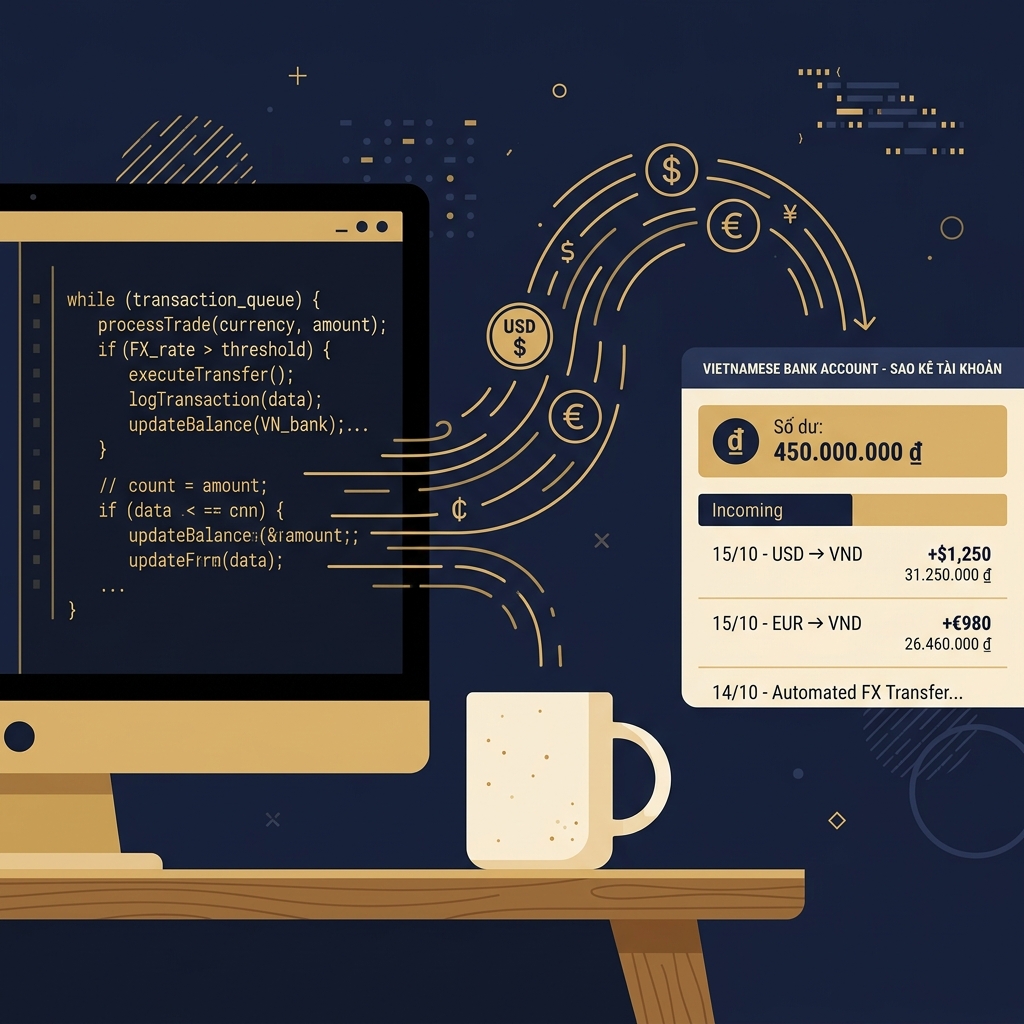 Một màn hình lập trình hiển thị các dòng code màu gold đang chạy tự động hóa, bên cạnh là một cốc cà phê và các ký hiệu ngoại tệ chảy về tài khoản ngân hàng Việt Nam - Nguyễn Ngọc Ưng