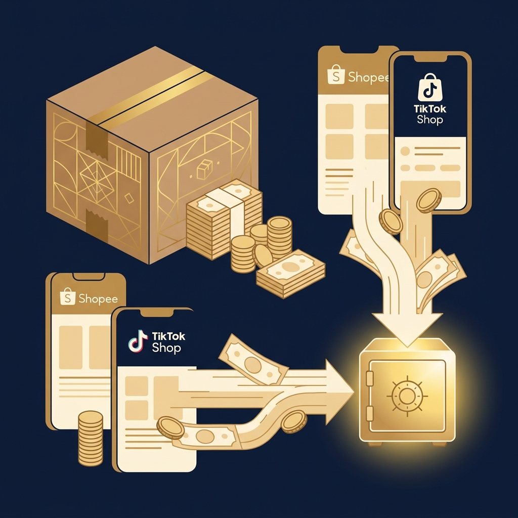Một chiếc hộp carton đóng hàng e-commerce có in chìm các hoa văn màu gold, bên cạnh là các luồng tiền từ các app thương mại Shopee/TikTok Shop đổ về tài khoản đầu tư - Nguyễn Ngọc Ưng