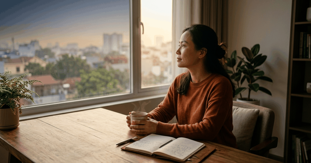 Người phụ nữ ngồi bên bàn gỗ thảnh thơi nhìn ra cửa sổ với tâm thái an tâm tài chính - Nguyễn Ngọc Ưng