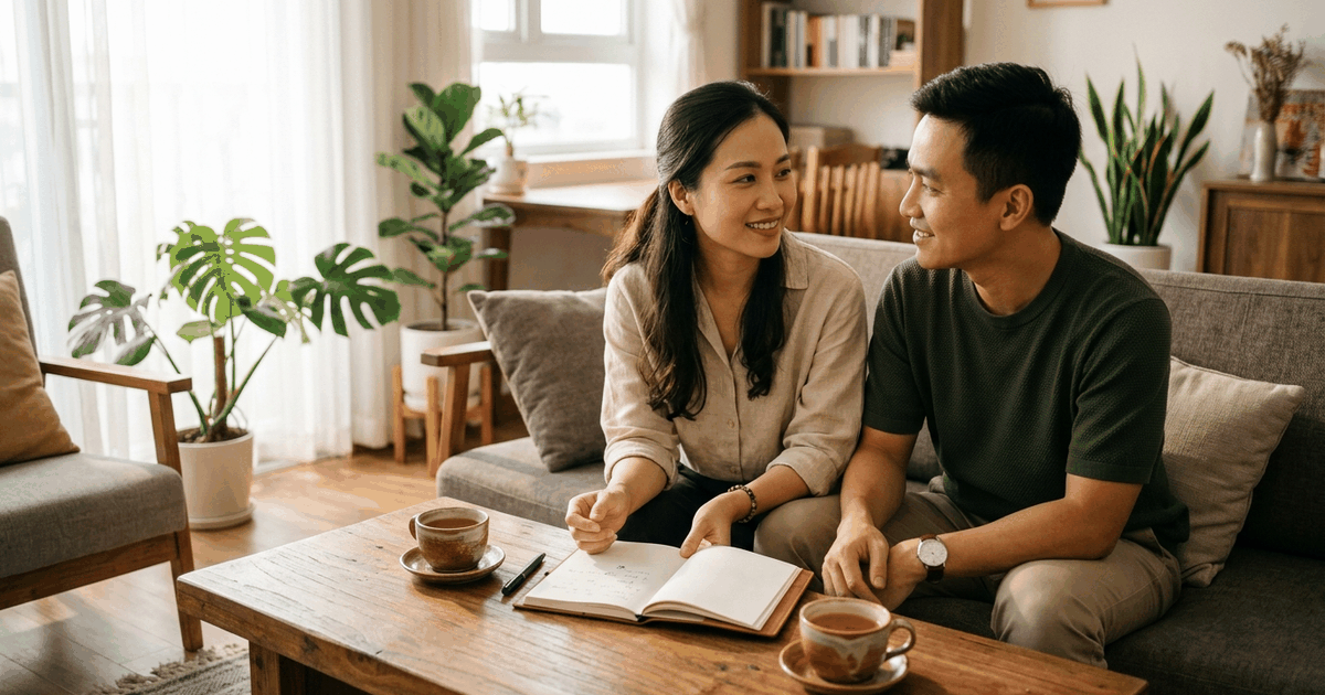 Hai vợ chồng ngồi trò chuyện thoải mái về kế hoạch và thói quen tài chính gia đình - Nguyễn Ngọc Ưng