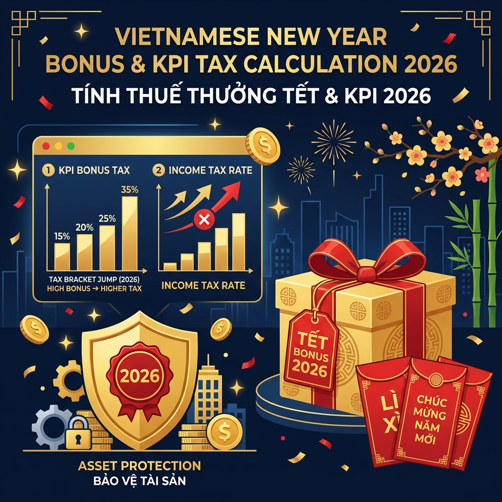 Một chiếc giỏ quà Tết mạ vàng lấp lánh đặt cạnh tập phong bao lì xì đỏ có đường viền vàng gold sang trọng bên cạnh biểu đồ thuế TNCN - Nguyễn Ngọc Ưng